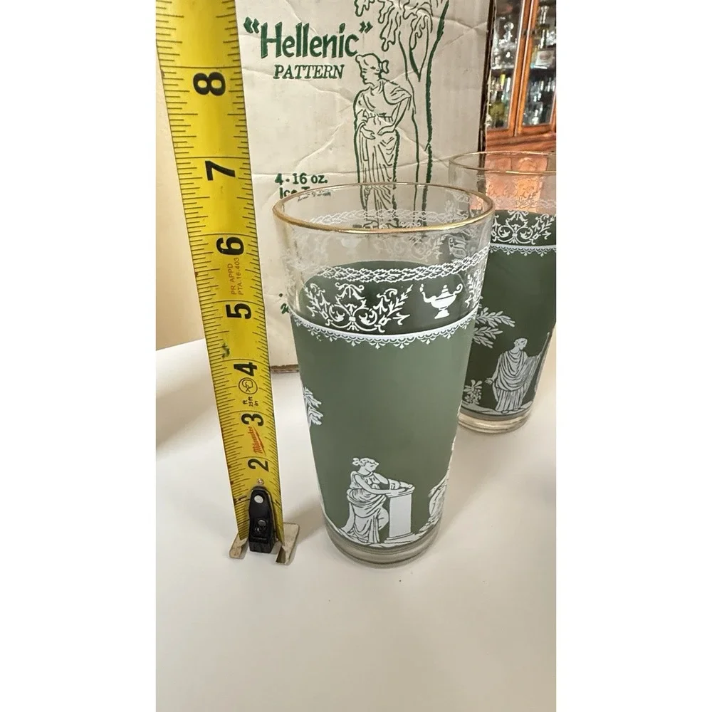 Vintage Jeannette‎ Glass Hellenic Green Grecian Glass Cups Set of 4- 16